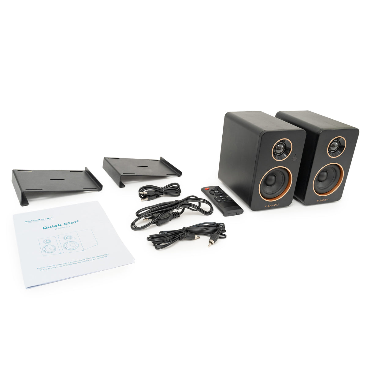 Contenido de la caja del VULKKANO DESK negro: altavoces, soportes inclinados, mando, cables y manual