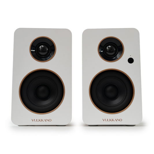 VULKKANO DESK blanco, vista frontal de los dos altavoces