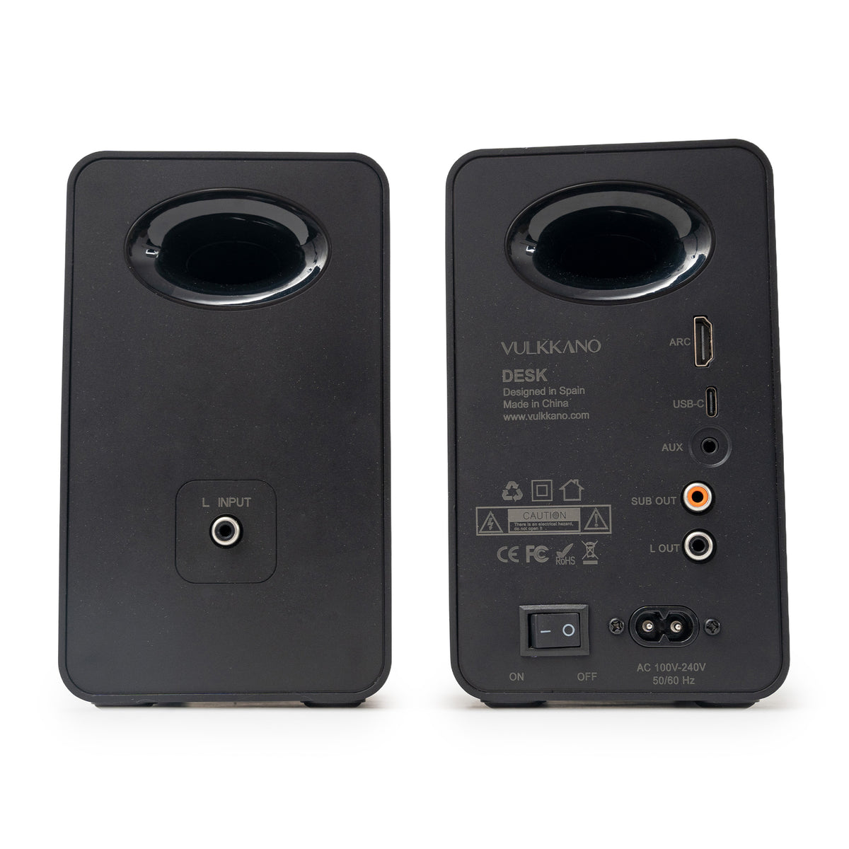 Parte trasera del VULKKANO DESK negro: conexiones HDMI ARC, USB-C, AUX y salida de subwoofer