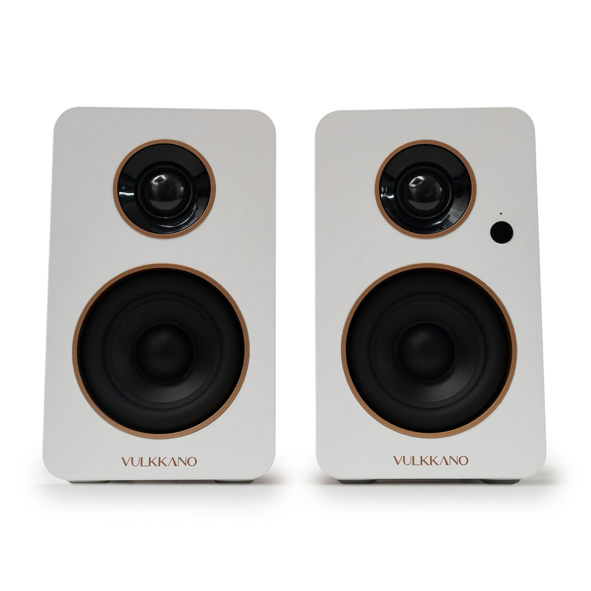 VULKKANO DESK blanco, vista frontal de los dos altavoces
