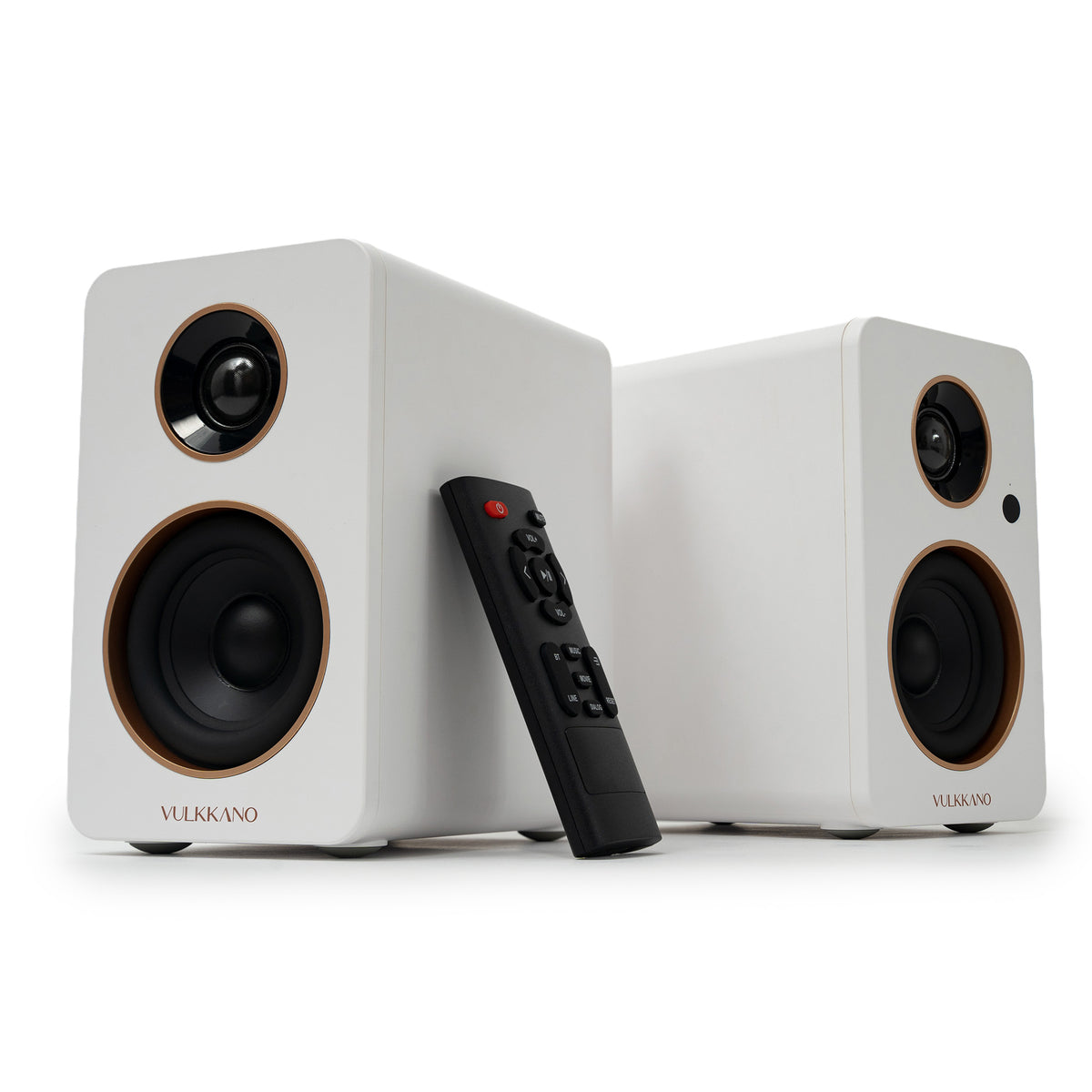 Altavoces activos VULKKANO DESK en blanco con mando a distancia
