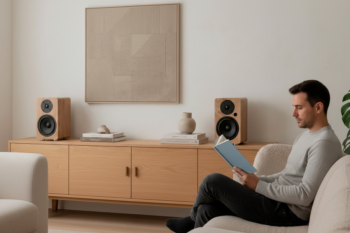 Hombre leyendo en sala minimalista